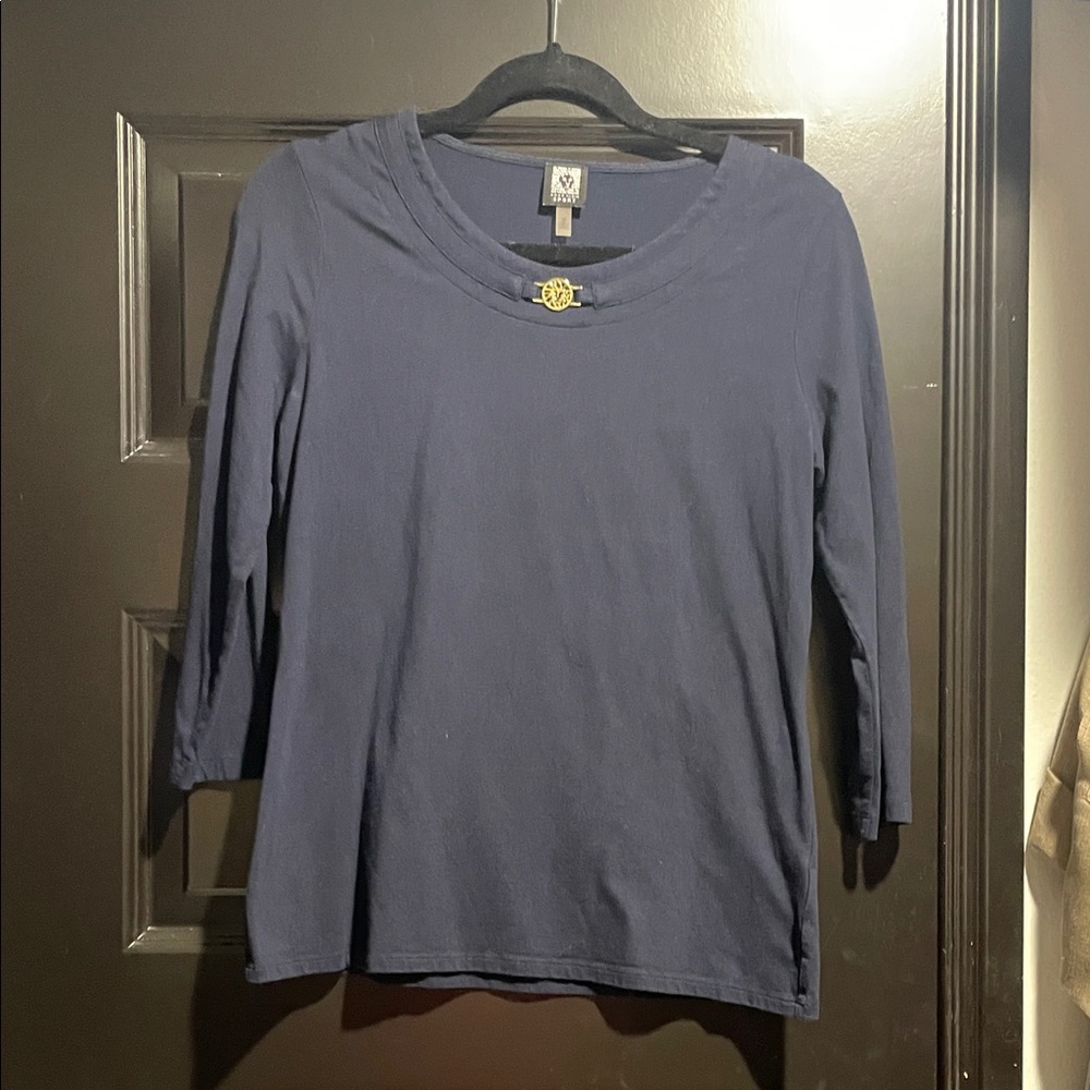 Anne Klein Sport Navy Blouse with Gold Accent
